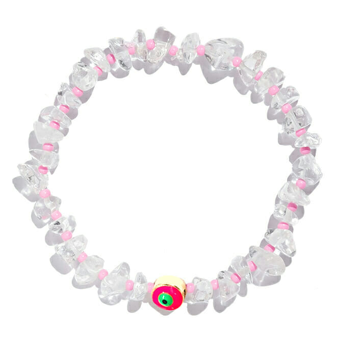 Neon Pink Evil Eye Totem Clear Quartz Crystal Healing Bracelet