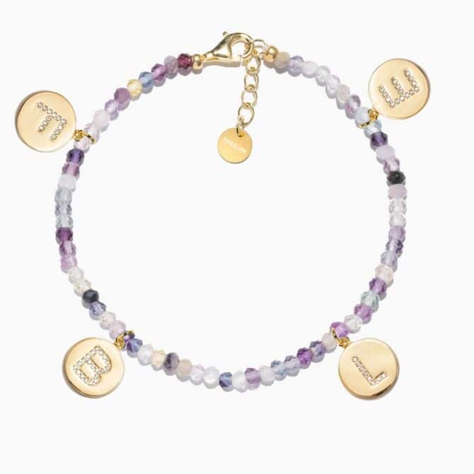 Fluorite crystal bracelet with gold letter pendants