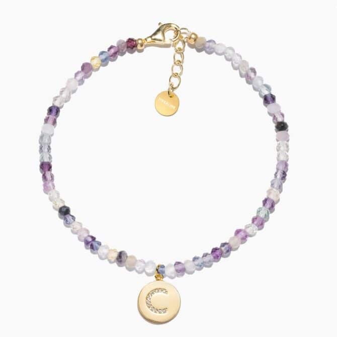 Fluorite crystal bracelet with gold letter pendants