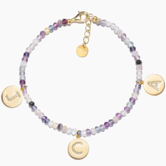 Fluorite crystal bracelet with gold letter pendants