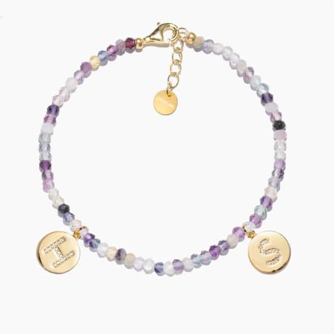 Fluorite crystal bracelet with gold letter pendants